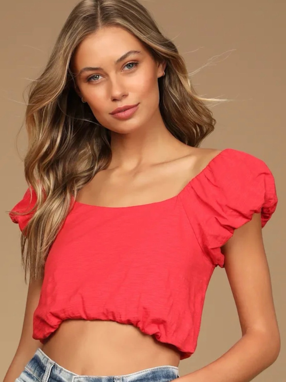 Lulus Coral Red Puff Sleeve Crop Top Square Neck Cottagecore in XL